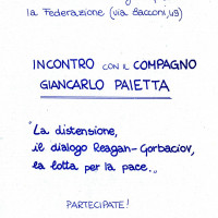 11 luglio 1986. Rimini, INA Casa. Volantino che annuncia l’incontro con l’on. Giancarlo Pajetta