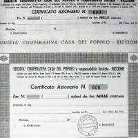 1952. Riccione. Certificato azionario della Società Cooperativa Casa del Popolo Riccione