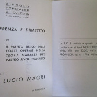 Archivio PCI Forlì, presso ISTORECO FC, Serie Carteggio e documentazione, b. 4, Fasc. 1- locandina promozionale di un conferenza promossa dal Circolo di cultura con la presenza di Lucio Magri, aprile 1965